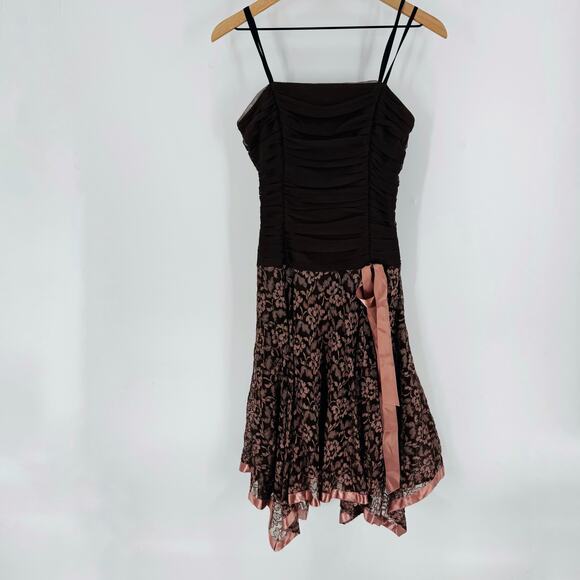 Vintage Brown Lace Overlay Handkerchief Hem Party Dress Y2K Whimsigoth Size 10 - Picture 1 of 9